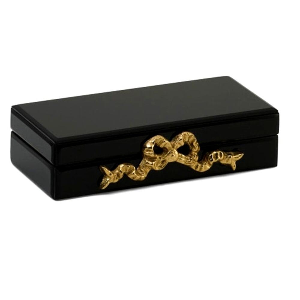 Black Lacquered Box with Gold Bow Motif 8.5 x 4.5 Made in India NEW